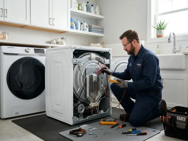 Appliance Repair Hero technician checking a dryer heating element with the rear panel off in Brillion, WI